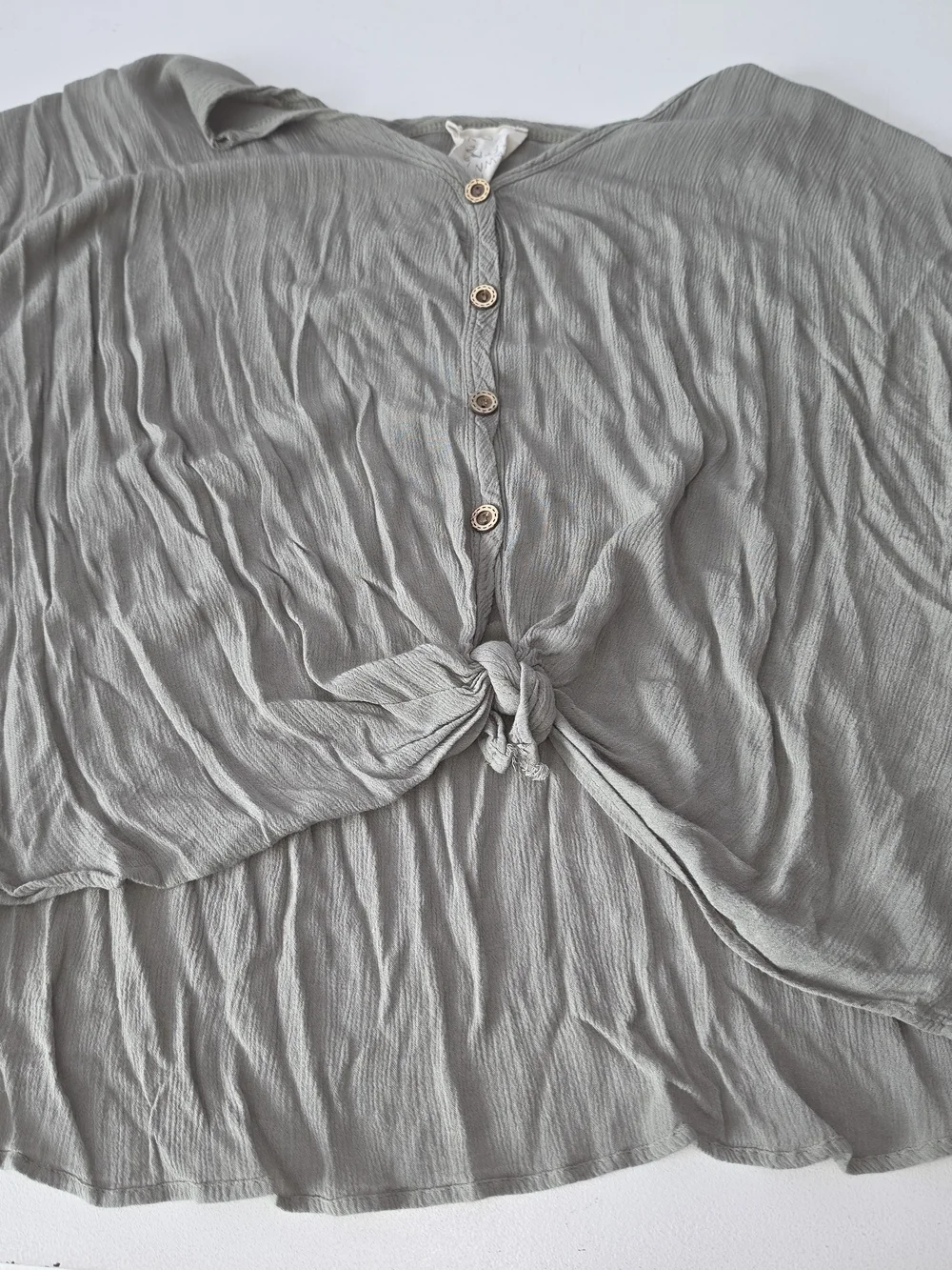 Fantastic Fawn Crinkle Knot-Front Button Top - Light Sage